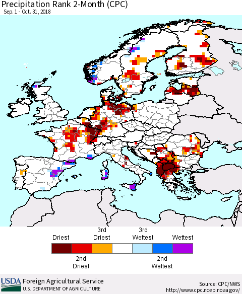 Europe Precipitation Rank since 1981, 2-Month (CPC) Thematic Map For 9/1/2018 - 10/31/2018