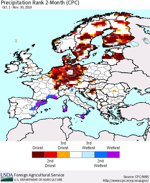 Europe Precipitation Rank since 1981, 2-Month (CPC) Thematic Map For 10/1/2018 - 11/30/2018
