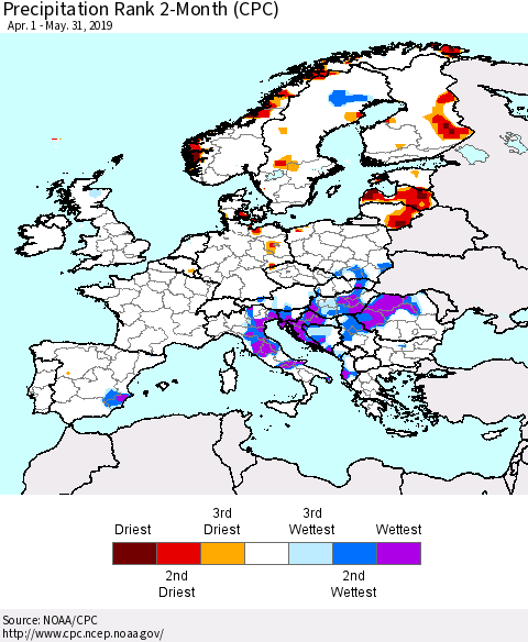 Europe Precipitation Rank since 1981, 2-Month (CPC) Thematic Map For 4/1/2019 - 5/31/2019