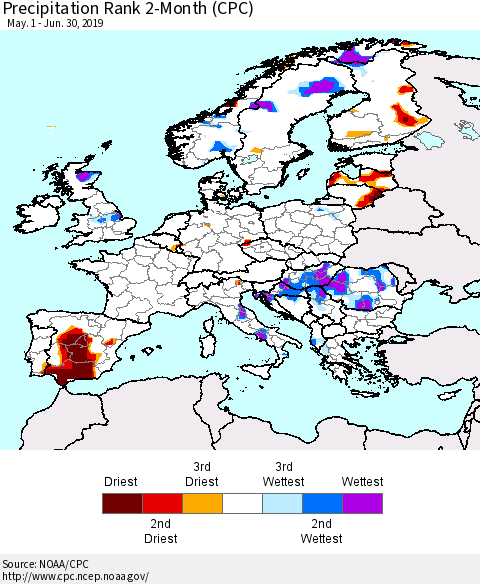 Europe Precipitation Rank since 1981, 2-Month (CPC) Thematic Map For 5/1/2019 - 6/30/2019