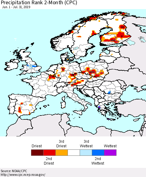 Europe Precipitation Rank since 1981, 2-Month (CPC) Thematic Map For 6/1/2019 - 7/31/2019