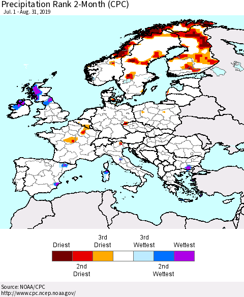 Europe Precipitation Rank since 1981, 2-Month (CPC) Thematic Map For 7/1/2019 - 8/31/2019