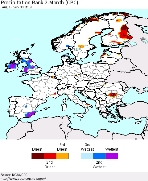 Europe Precipitation Rank since 1981, 2-Month (CPC) Thematic Map For 8/1/2019 - 9/30/2019
