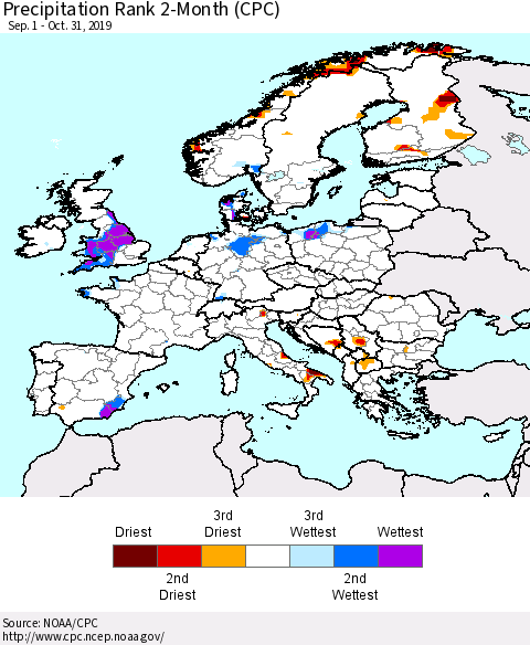 Europe Precipitation Rank 2-Month (CPC) Thematic Map For 9/1/2019 - 10/31/2019