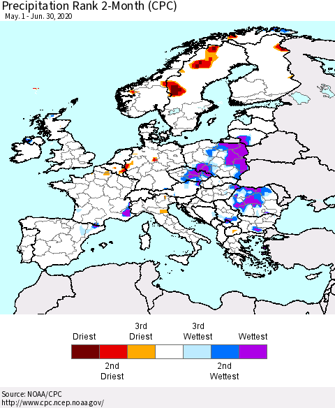Europe Precipitation Rank 2-Month (CPC) Thematic Map For 5/1/2020 - 6/30/2020