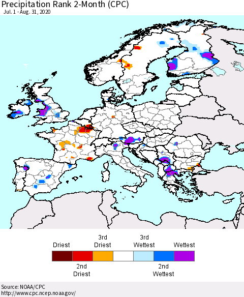 Europe Precipitation Rank 2-Month (CPC) Thematic Map For 7/1/2020 - 8/31/2020