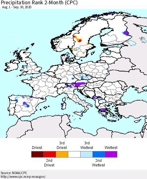 Europe Precipitation Rank 2-Month (CPC) Thematic Map For 8/1/2020 - 9/30/2020