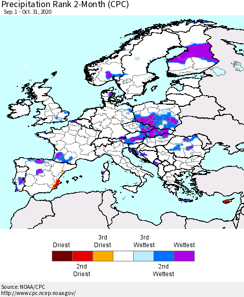 Europe Precipitation Rank 2-Month (CPC) Thematic Map For 9/1/2020 - 10/31/2020