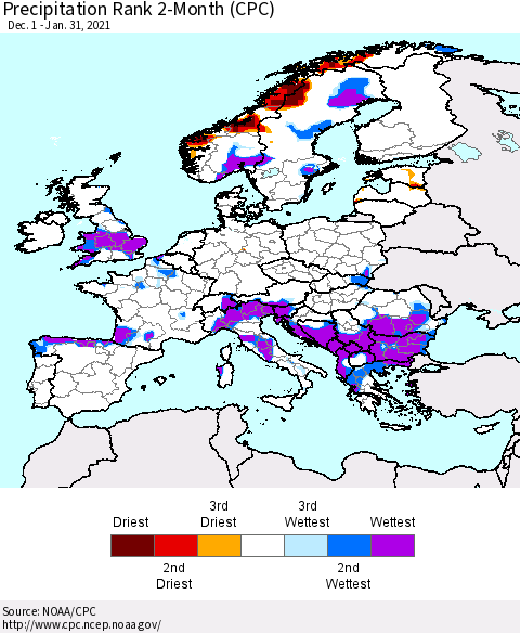 Europe Precipitation Rank 2-Month (CPC) Thematic Map For 12/1/2020 - 1/31/2021