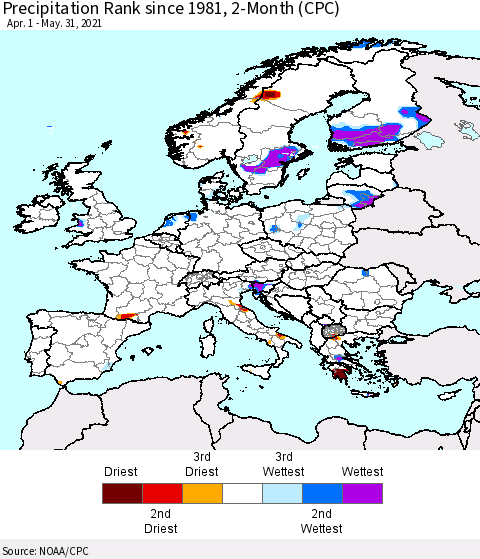 Europe Precipitation Rank 2-Month (CPC) Thematic Map For 4/1/2021 - 5/31/2021