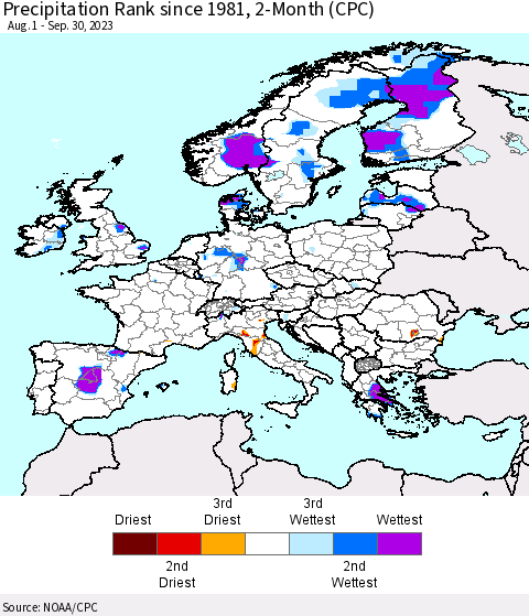 Europe Precipitation Rank since 1981, 2-Month (CPC) Thematic Map For 8/1/2023 - 9/30/2023