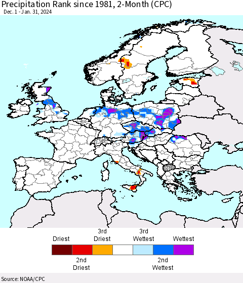 Europe Precipitation Rank since 1981, 2-Month (CPC) Thematic Map For 12/1/2023 - 1/31/2024