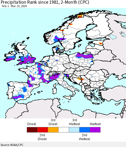 Europe Precipitation Rank since 1981, 2-Month (CPC) Thematic Map For 2/1/2024 - 3/31/2024