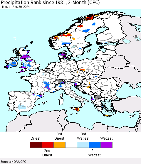 Europe Precipitation Rank since 1981, 2-Month (CPC) Thematic Map For 3/1/2024 - 4/30/2024