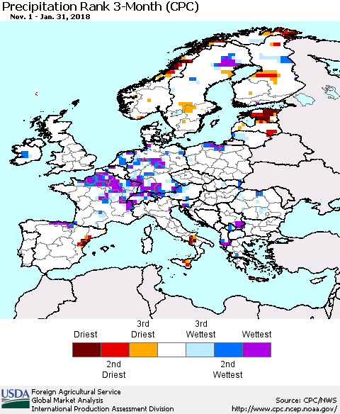 Europe Precipitation Rank since 1981, 3-Month (CPC) Thematic Map For 11/1/2017 - 1/31/2018