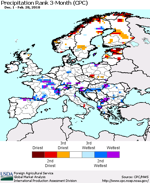 Europe Precipitation Rank since 1981, 3-Month (CPC) Thematic Map For 12/1/2017 - 2/28/2018