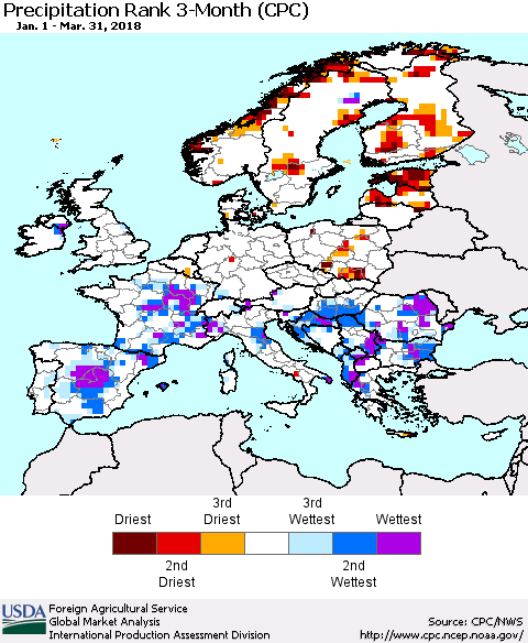 Europe Precipitation Rank since 1981, 3-Month (CPC) Thematic Map For 1/1/2018 - 3/31/2018