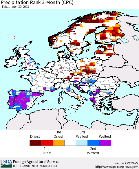 Europe Precipitation Rank since 1981, 3-Month (CPC) Thematic Map For 2/1/2018 - 4/30/2018