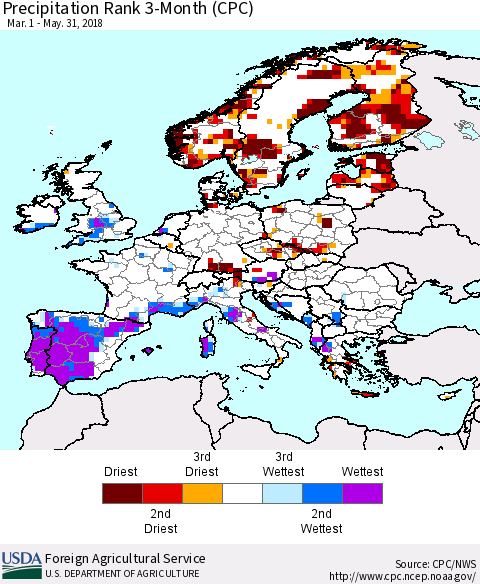 Europe Precipitation Rank since 1981, 3-Month (CPC) Thematic Map For 3/1/2018 - 5/31/2018