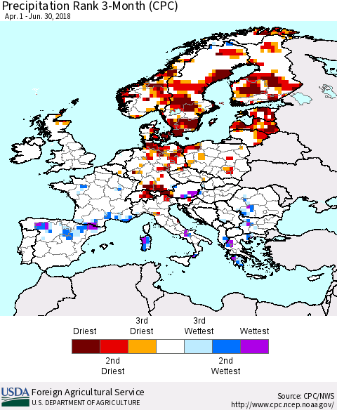 Europe Precipitation Rank since 1981, 3-Month (CPC) Thematic Map For 4/1/2018 - 6/30/2018