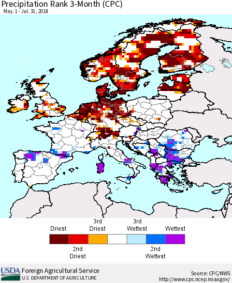 Europe Precipitation Rank since 1981, 3-Month (CPC) Thematic Map For 5/1/2018 - 7/31/2018
