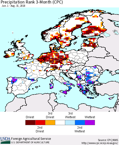 Europe Precipitation Rank since 1981, 3-Month (CPC) Thematic Map For 6/1/2018 - 8/31/2018