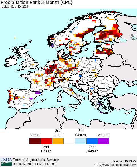 Europe Precipitation Rank since 1981, 3-Month (CPC) Thematic Map For 7/1/2018 - 9/30/2018