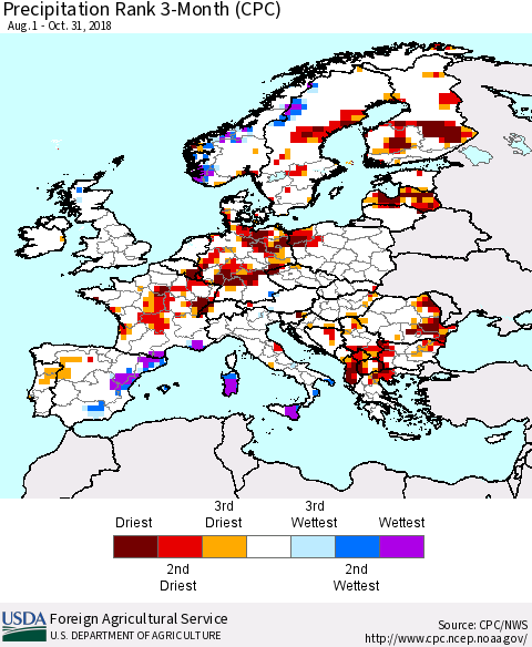Europe Precipitation Rank since 1981, 3-Month (CPC) Thematic Map For 8/1/2018 - 10/31/2018