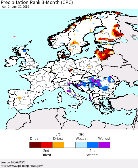 Europe Precipitation Rank since 1981, 3-Month (CPC) Thematic Map For 4/1/2019 - 6/30/2019