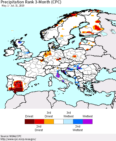 Europe Precipitation Rank since 1981, 3-Month (CPC) Thematic Map For 5/1/2019 - 7/31/2019
