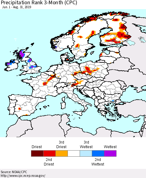 Europe Precipitation Rank since 1981, 3-Month (CPC) Thematic Map For 6/1/2019 - 8/31/2019