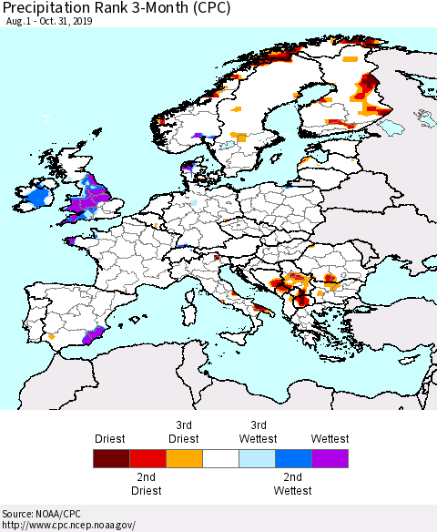 Europe Precipitation Rank since 1981, 3-Month (CPC) Thematic Map For 8/1/2019 - 10/31/2019