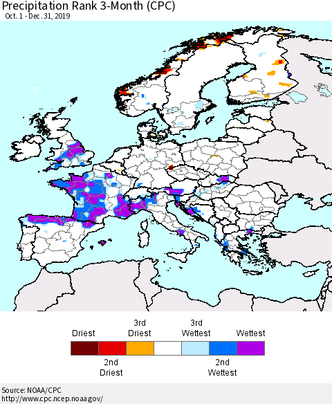 Europe Precipitation Rank since 1981, 3-Month (CPC) Thematic Map For 10/1/2019 - 12/31/2019