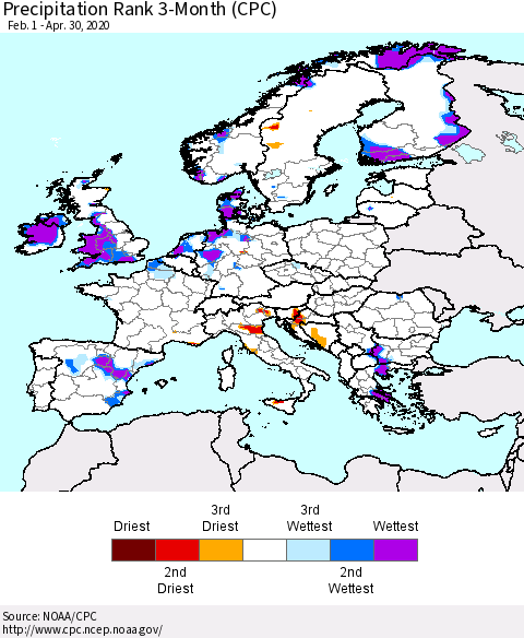 Europe Precipitation Rank 3-Month (CPC) Thematic Map For 2/1/2020 - 4/30/2020