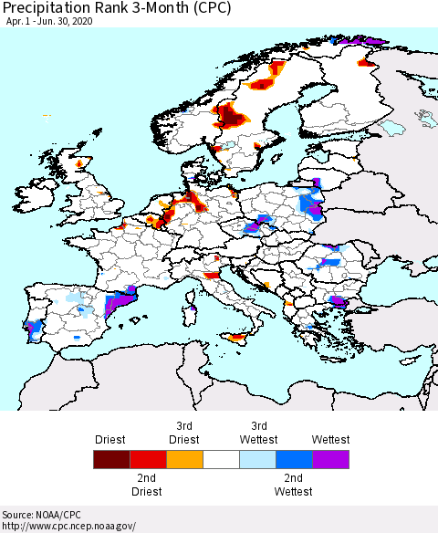 Europe Precipitation Rank 3-Month (CPC) Thematic Map For 4/1/2020 - 6/30/2020