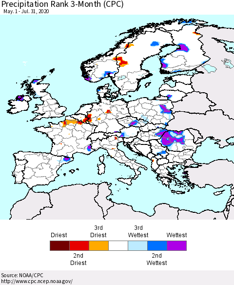 Europe Precipitation Rank 3-Month (CPC) Thematic Map For 5/1/2020 - 7/31/2020