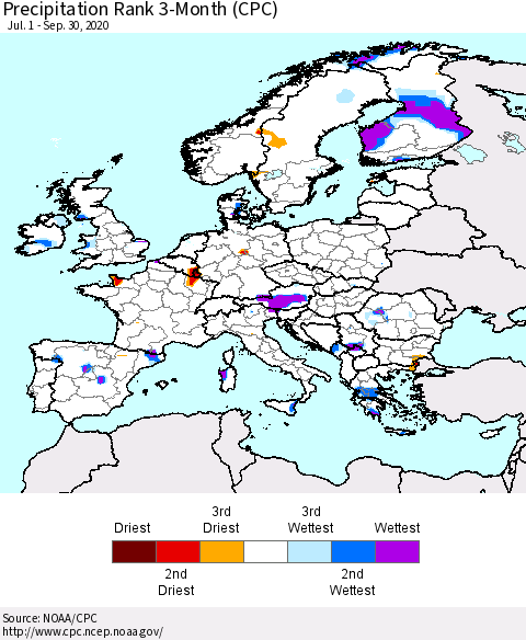 Europe Precipitation Rank since 1981, 3-Month (CPC) Thematic Map For 7/1/2020 - 9/30/2020