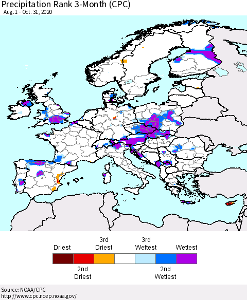 Europe Precipitation Rank 3-Month (CPC) Thematic Map For 8/1/2020 - 10/31/2020