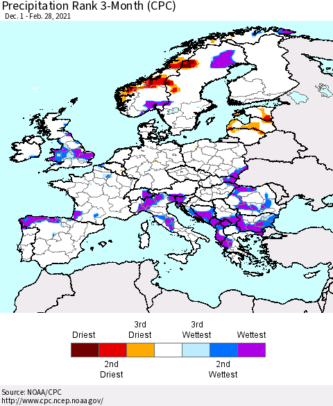 Europe Precipitation Rank 3-Month (CPC) Thematic Map For 12/1/2020 - 2/28/2021