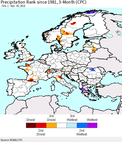Europe Precipitation Rank 3-Month (CPC) Thematic Map For 2/1/2021 - 4/30/2021