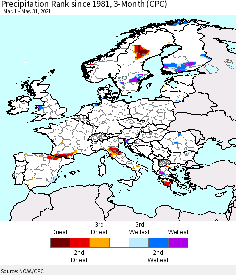 Europe Precipitation Rank 3-Month (CPC) Thematic Map For 3/1/2021 - 5/31/2021