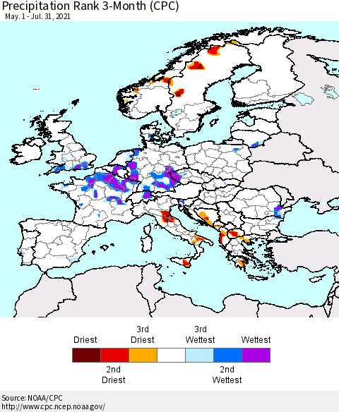 Europe Precipitation Rank 3-Month (CPC) Thematic Map For 5/1/2021 - 7/31/2021