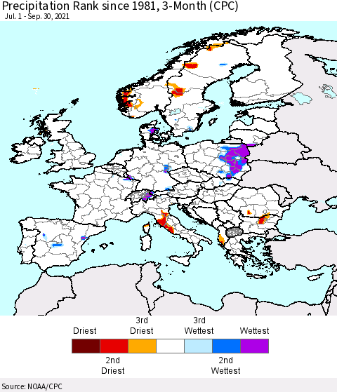 Europe Precipitation Rank 3-Month (CPC) Thematic Map For 7/1/2021 - 9/30/2021