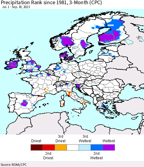 Europe Precipitation Rank since 1981, 3-Month (CPC) Thematic Map For 7/1/2023 - 9/30/2023