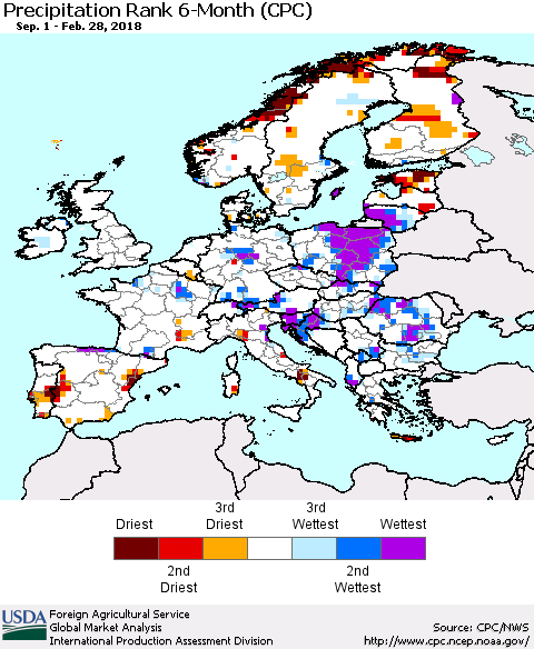 Europe Precipitation Rank since 1981, 6-Month (CPC) Thematic Map For 9/1/2017 - 2/28/2018