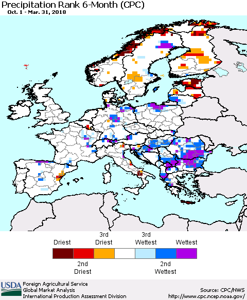 Europe Precipitation Rank since 1981, 6-Month (CPC) Thematic Map For 10/1/2017 - 3/31/2018