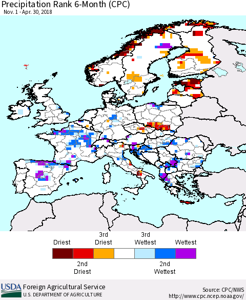 Europe Precipitation Rank since 1981, 6-Month (CPC) Thematic Map For 11/1/2017 - 4/30/2018