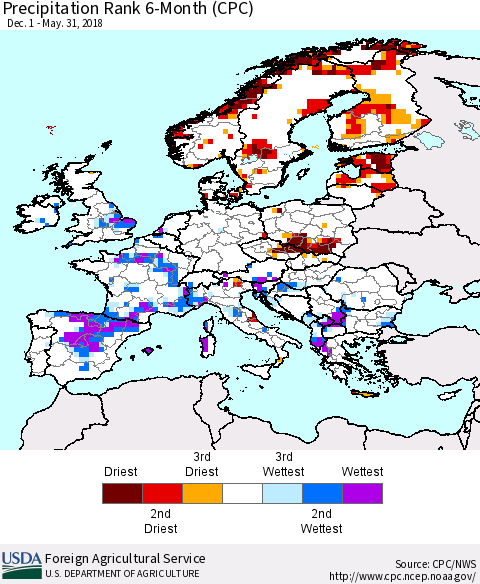 Europe Precipitation Rank since 1981, 6-Month (CPC) Thematic Map For 12/1/2017 - 5/31/2018