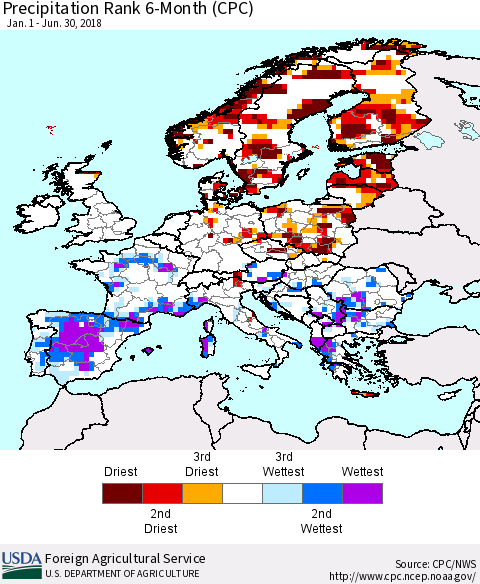 Europe Precipitation Rank since 1981, 6-Month (CPC) Thematic Map For 1/1/2018 - 6/30/2018