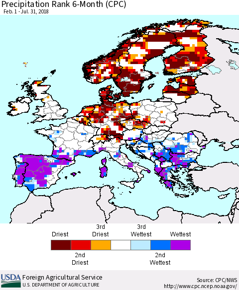 Europe Precipitation Rank since 1981, 6-Month (CPC) Thematic Map For 2/1/2018 - 7/31/2018